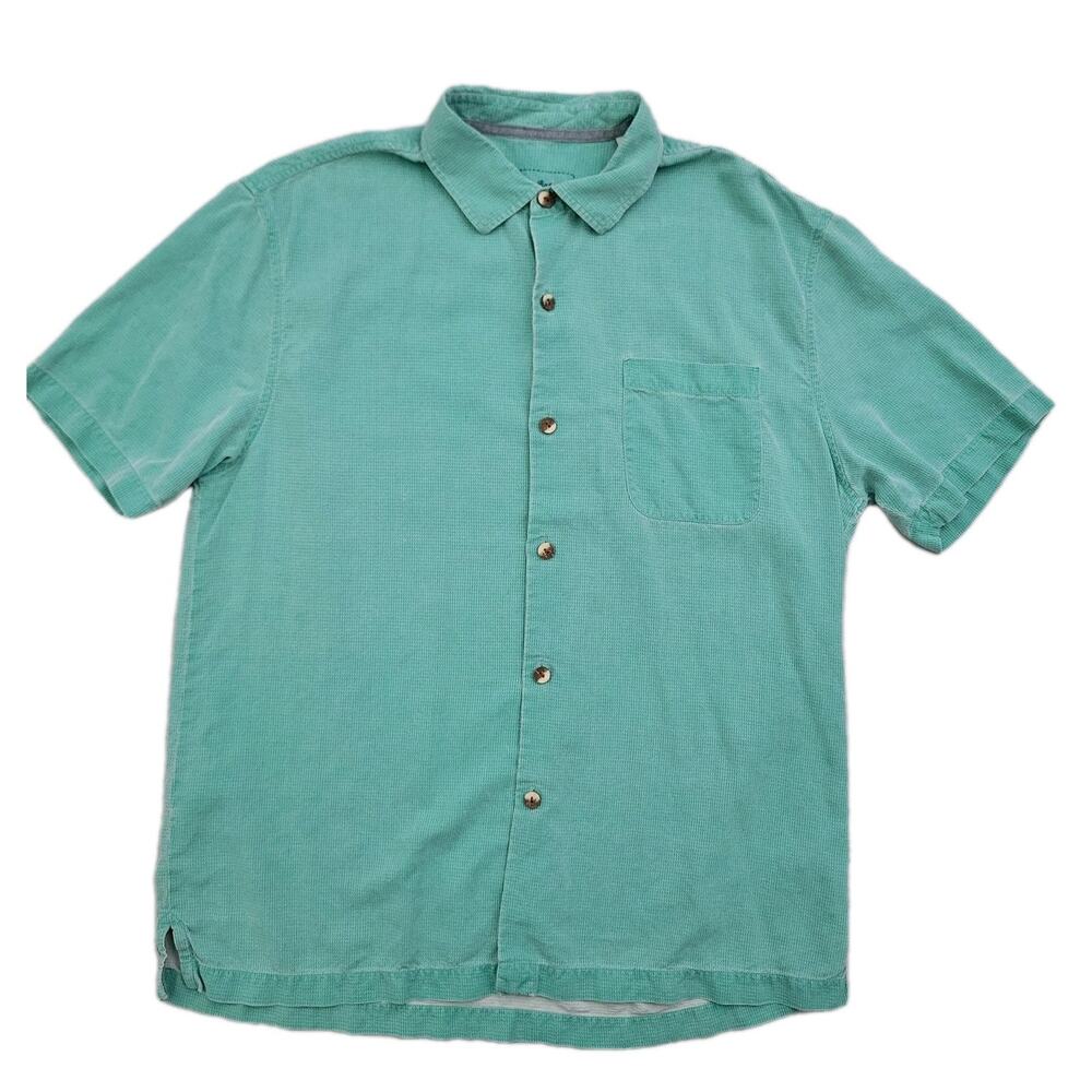 Tommy Bahama Shirt Mens Large Green Button Up Striped Textured 100% Silk